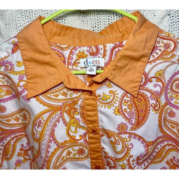 Denim Co Shirt Womens L Blouse Button 70's Vibe Orange Pink - Picture 3 of 8